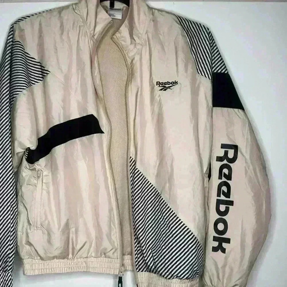Reebok light pink windbreaker with black and white stripes jacket - Picture 2 of 6